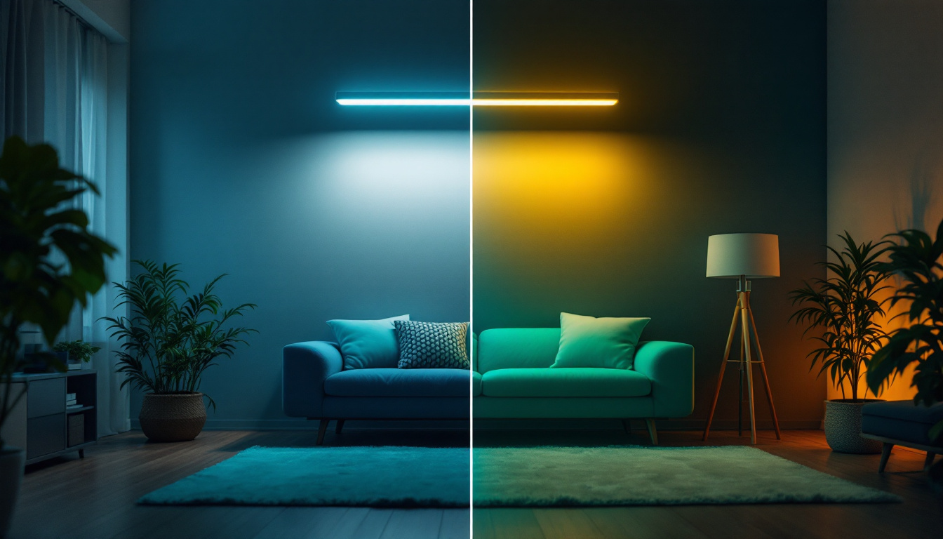 A photograph of a side-by-side comparison of a room illuminated by fluorescent lights versus the same room lit by led lights