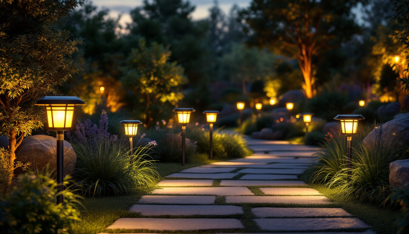 A photograph of a beautifully illuminated outdoor space featuring various solar pathlights creatively integrated into the landscape