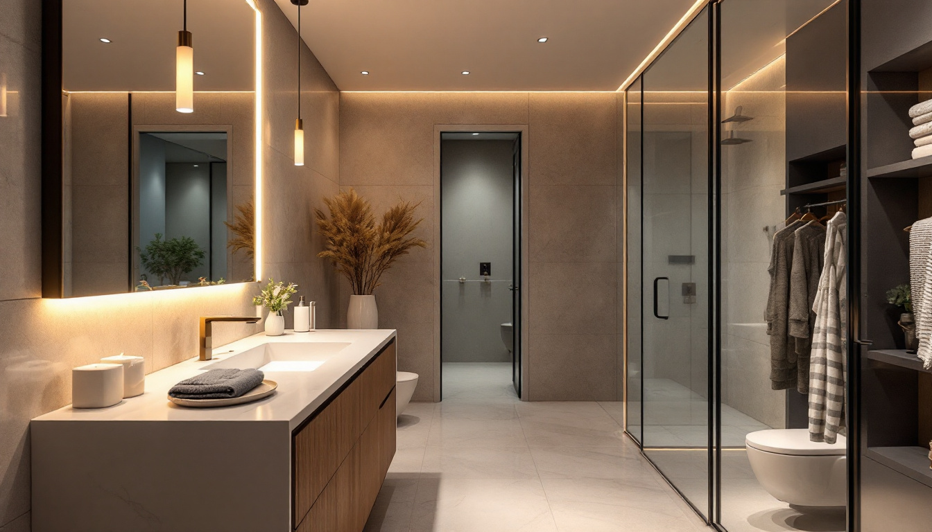A photograph of a beautifully designed bathroom featuring recessed lighting that highlights key design elements