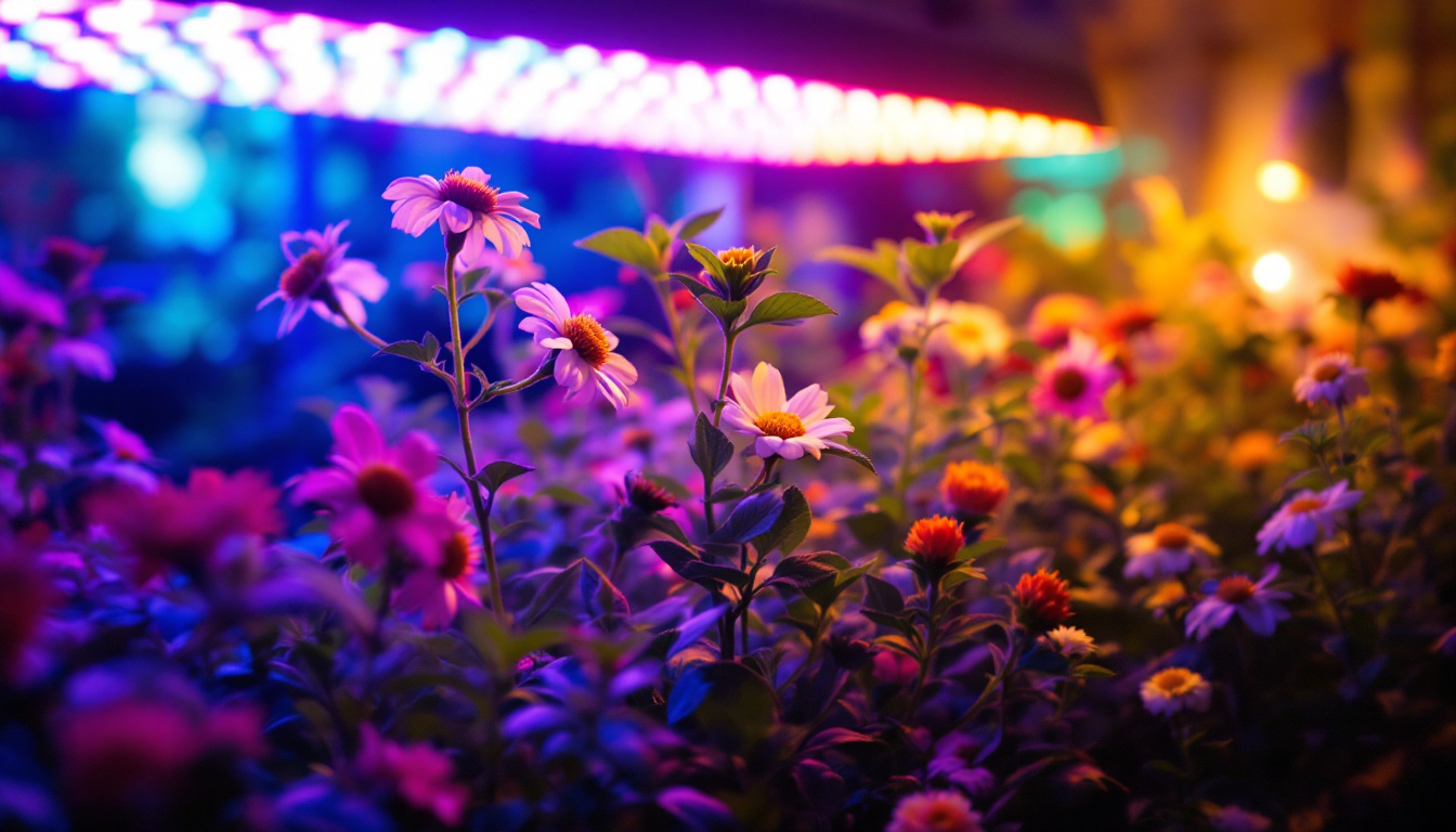 A photograph of a vibrant indoor garden scene illuminated by innovative lighting technology