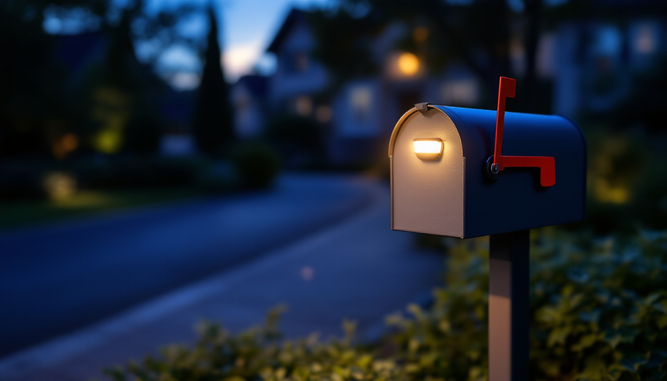 A photograph of a beautifully illuminated mailbox at dusk