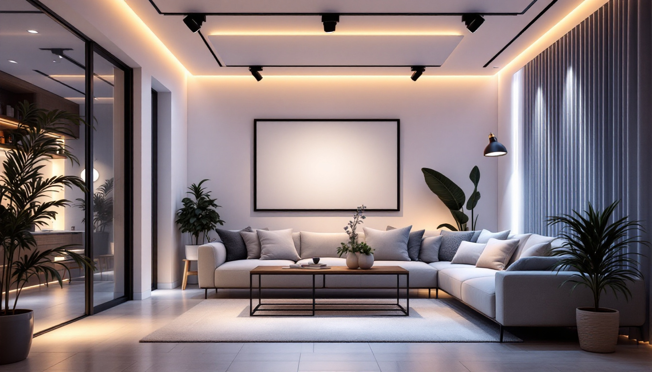 A photograph of a modern interior space showcasing an innovative lighting design that prominently features 4 ft led bulbs