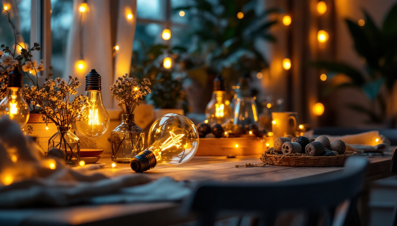 A photograph of a beautifully arranged indoor setting featuring solar bulbs illuminating the space