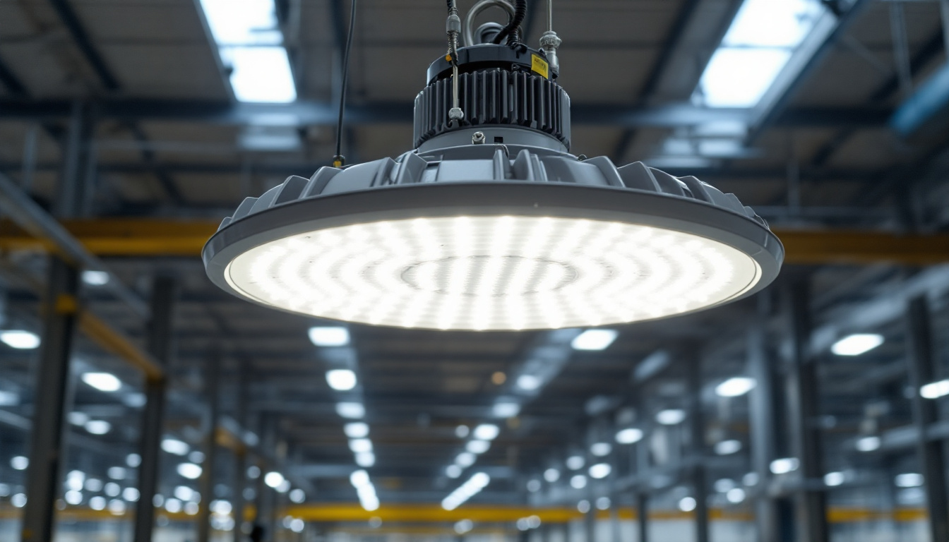 A photograph of a high bay led light fixture installed in an industrial or commercial setting