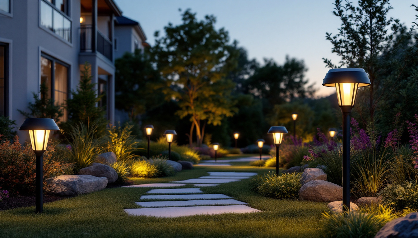 A photograph of a beautifully landscaped outdoor space illuminated by various styles of solar lights at dusk