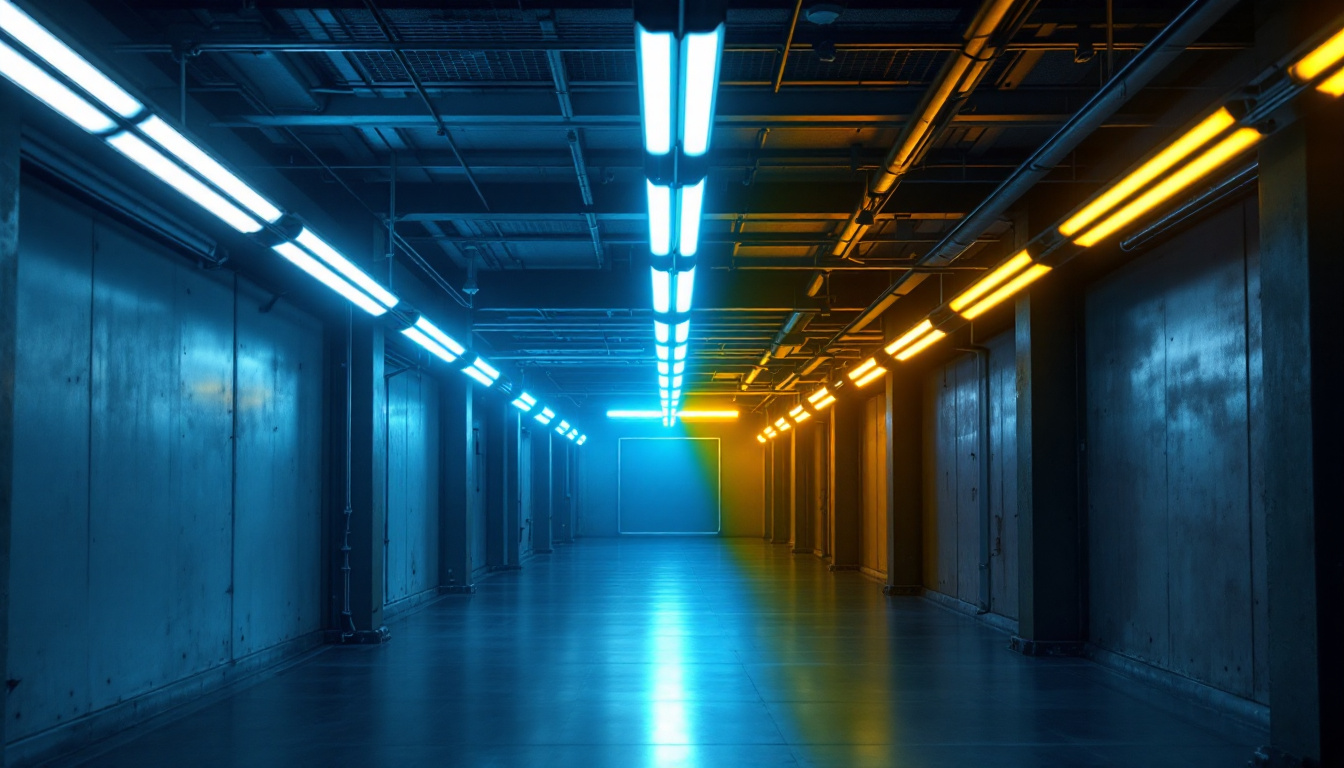A photograph of a well-lit commercial or industrial space showcasing the contrast between traditional t12 fluorescent lighting and modern led fixtures