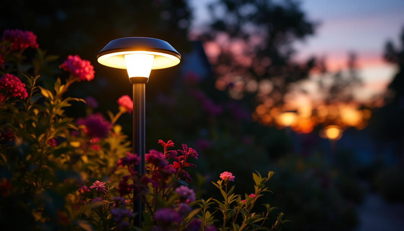 A photograph of a solar outdoor lamp illuminating a garden or patio at dusk
