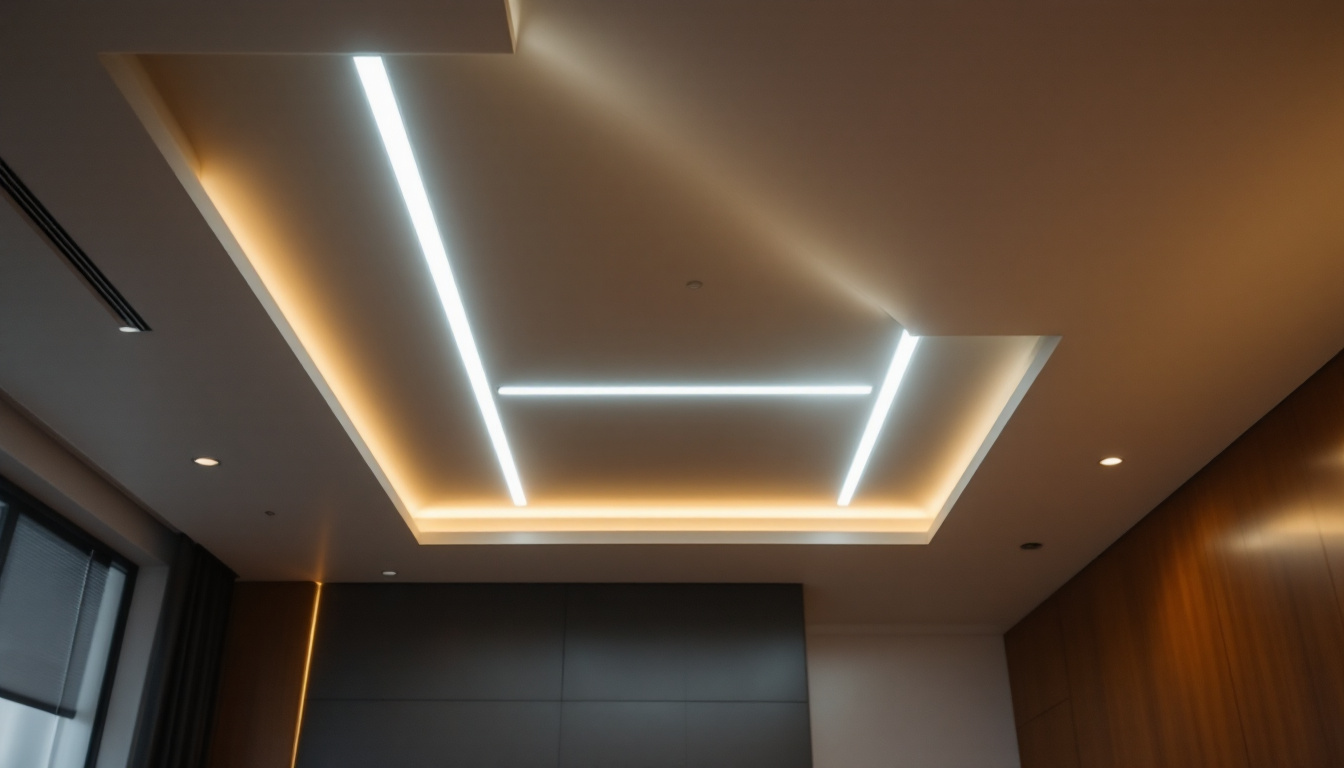 A photograph of a modern interior space featuring a drop ceiling with sleek led lighting