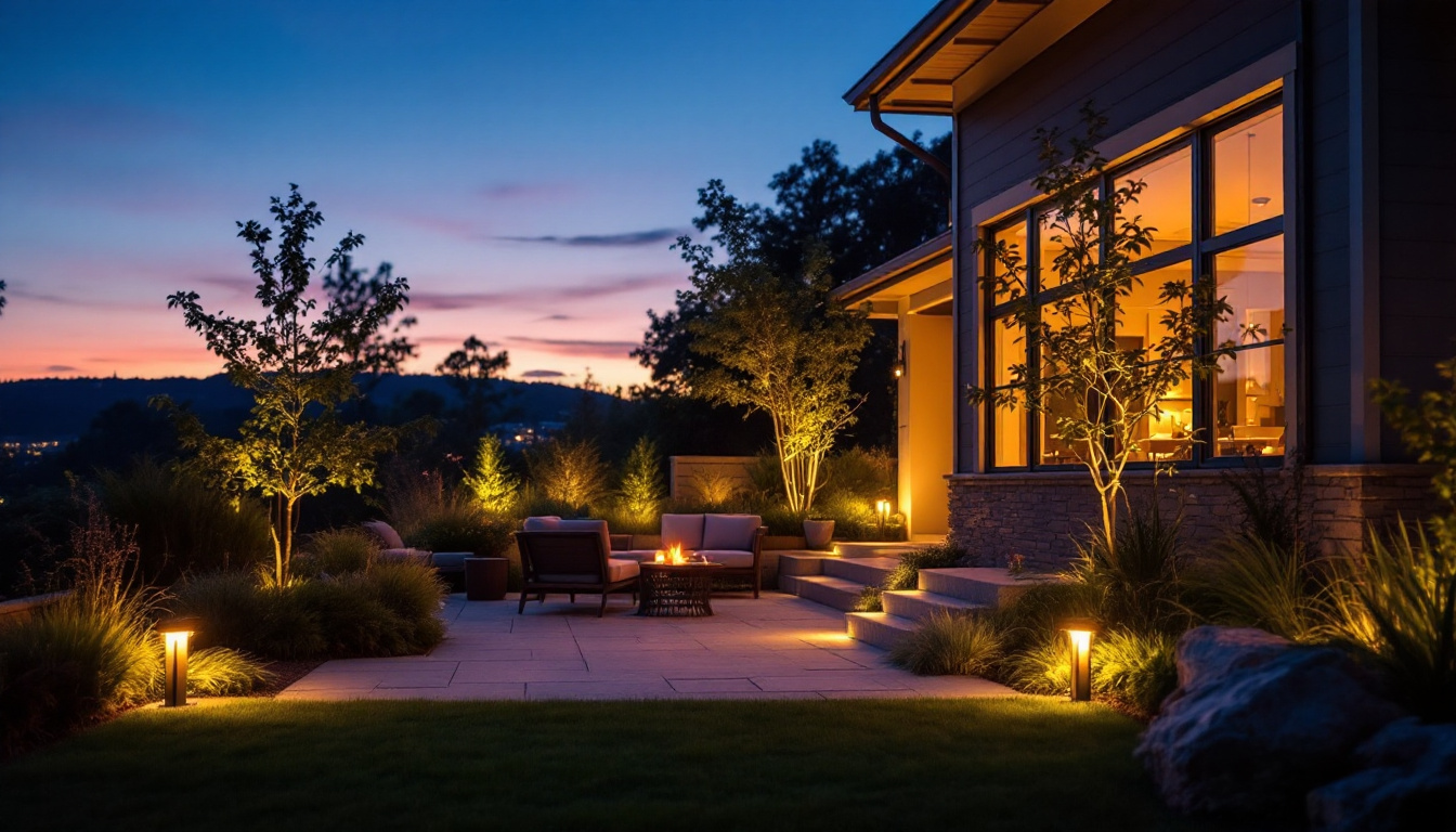 A photograph of a beautifully landscaped outdoor space illuminated by stylish led dusk-to-dawn lights