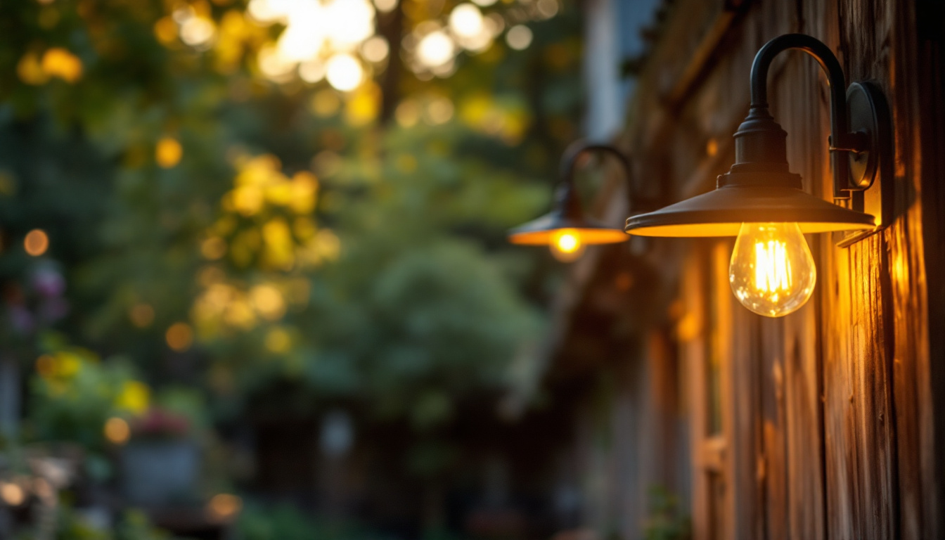 A photograph of a beautifully designed gooseneck barn light illuminating a rustic outdoor setting