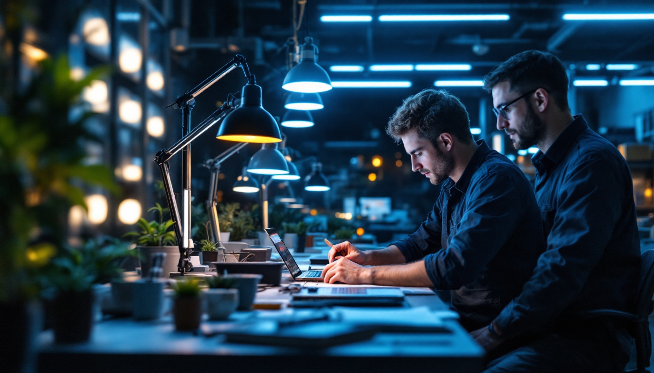 A photograph of capture a photograph of a modern industrial workspace illuminated by vibrant led lamps