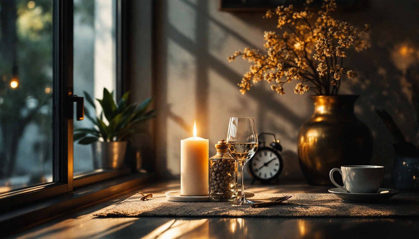 A photograph of a beautifully lit scene that showcases the interplay of natural and artificial light