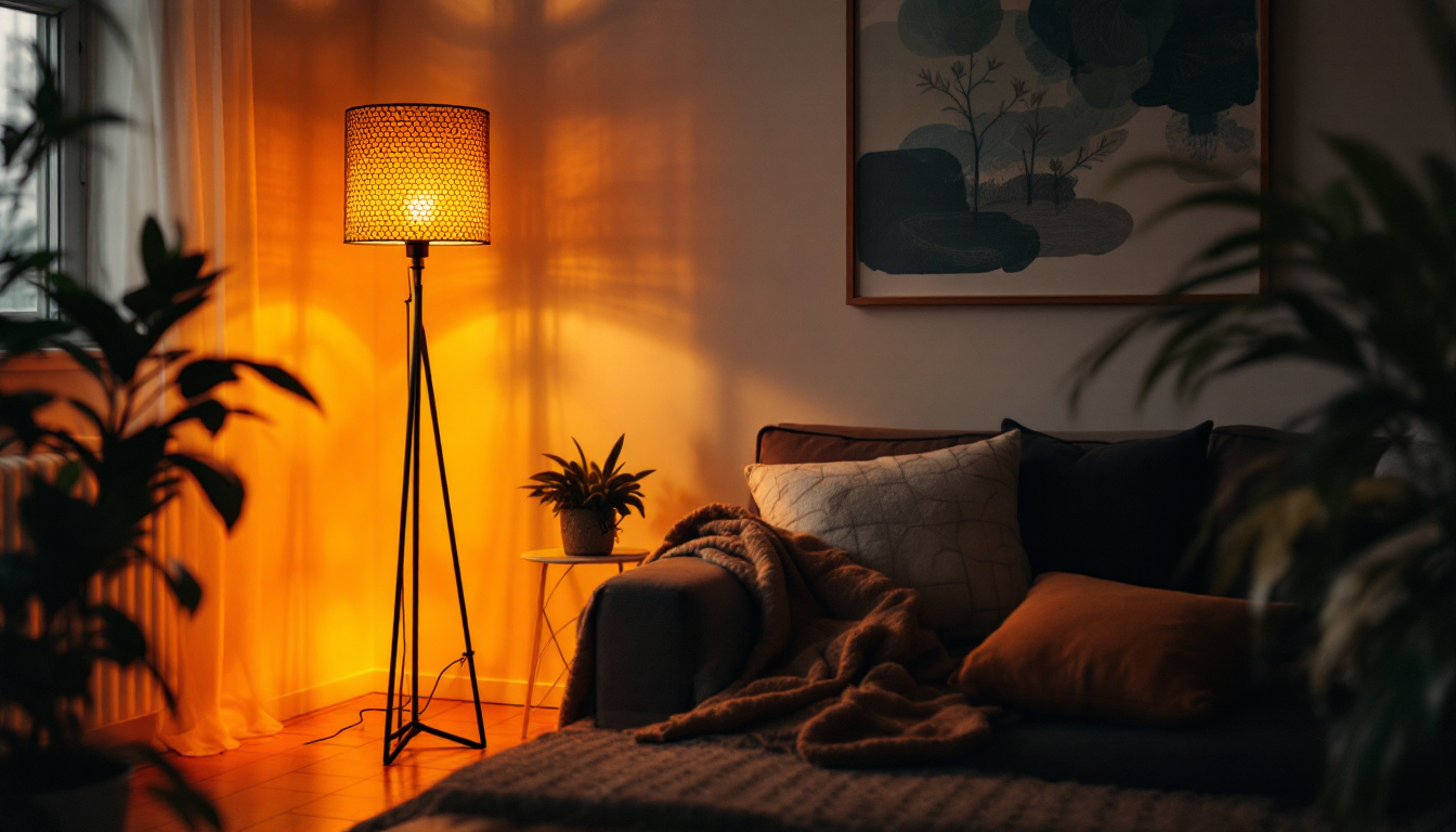 A photograph of a stylish shop floor lamp illuminated in a cozy