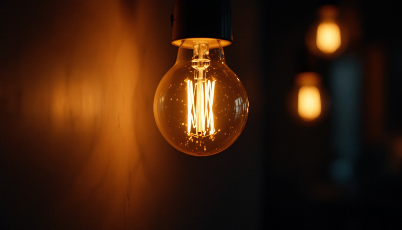 A photograph of a glowing light bulb in a dimly lit environment