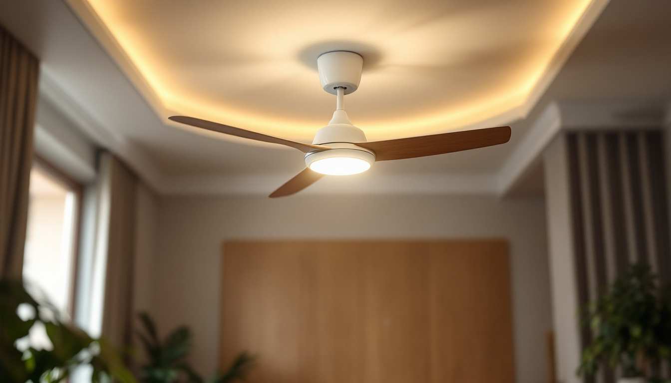 A photograph of a stylish ceiling fan with integrated lighting