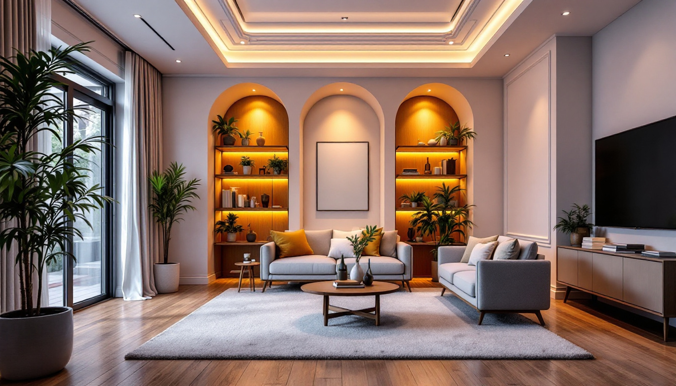 A photograph of a beautifully designed room featuring recessed lighting that highlights its architectural details and creates an inviting atmosphere