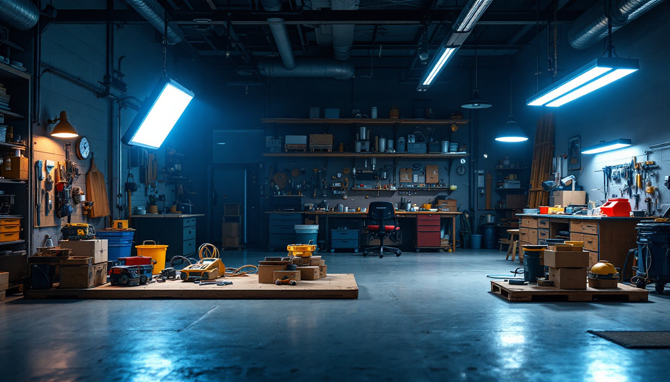 A photograph of a well-lit workshop or garage space showcasing various led shop lights in use