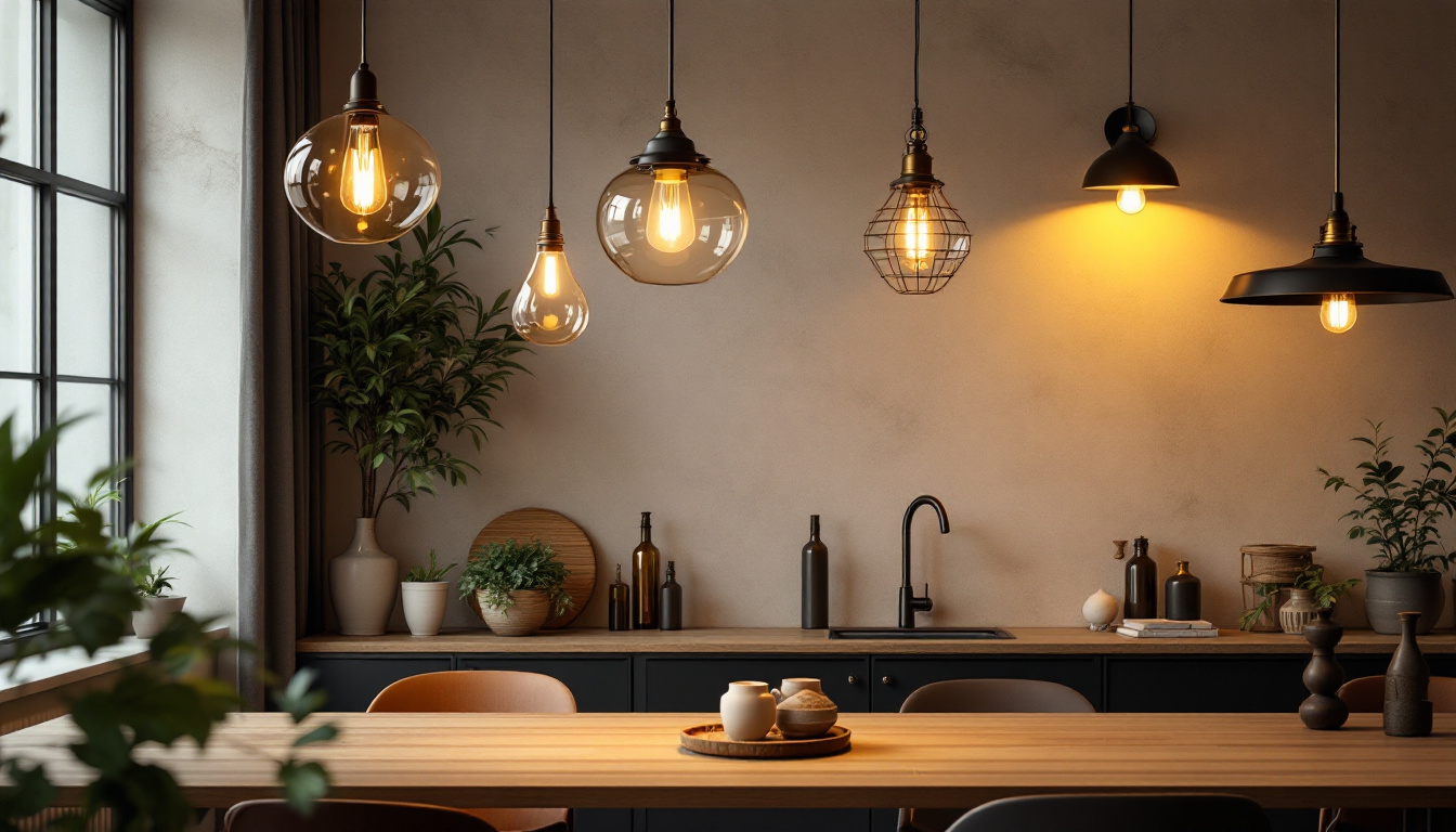 A photograph of a beautifully styled interior space featuring various pendant lights in different designs and settings