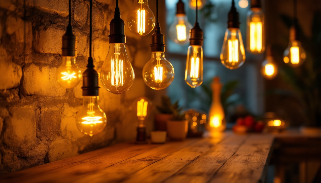 A photograph of a beautifully lit room featuring a variety of lightbulbs in different styles and intensities
