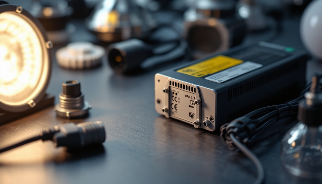 A photograph of a close-up of a modern electronic ballast alongside various types of light fixtures