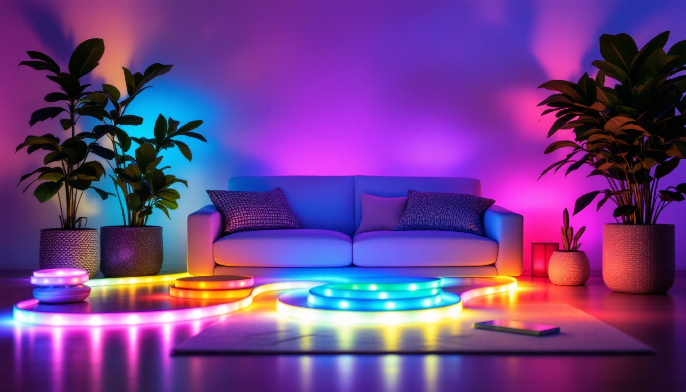 A photograph of a beautifully arranged scene featuring vibrant led light strips in various colors