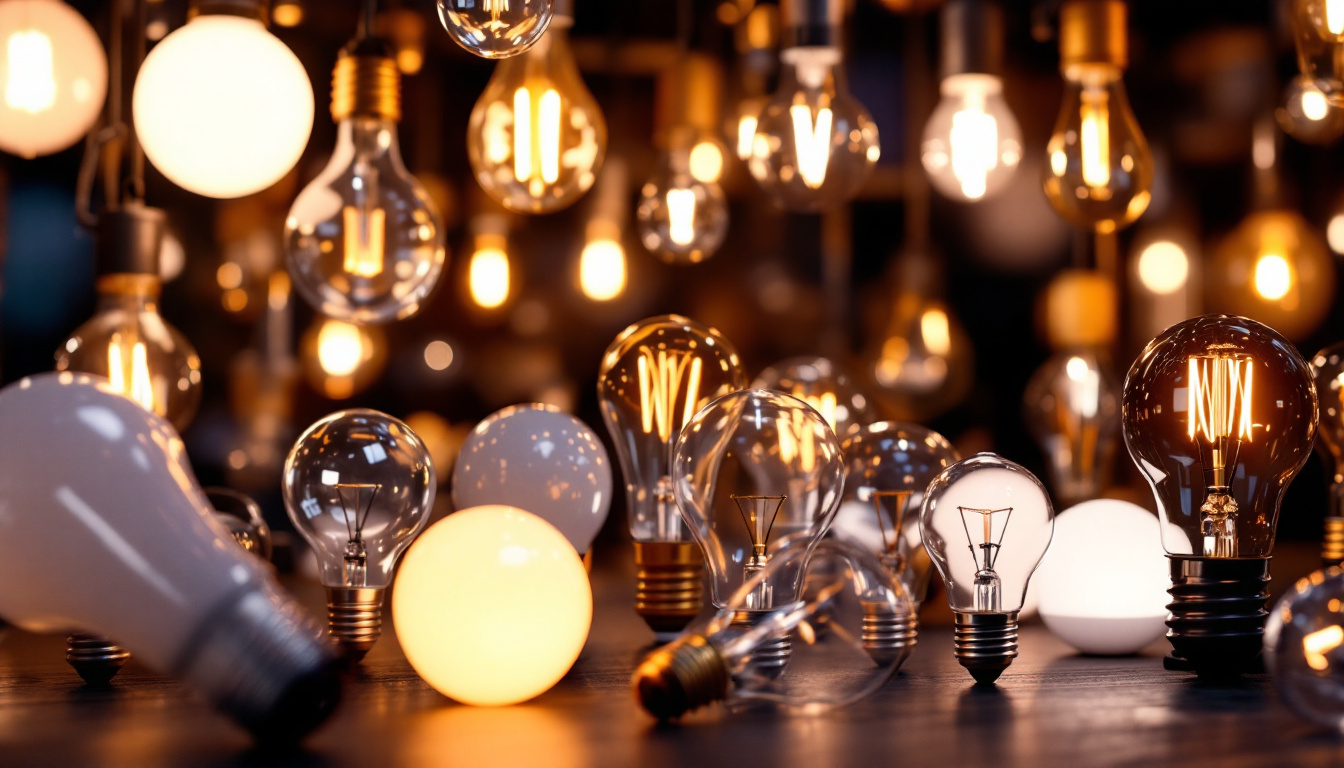 A photograph of a beautifully arranged display of various light bulbs