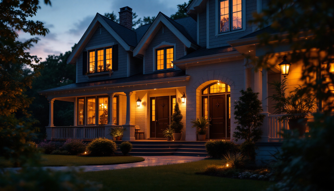 A photograph of a beautifully illuminated porch at dusk