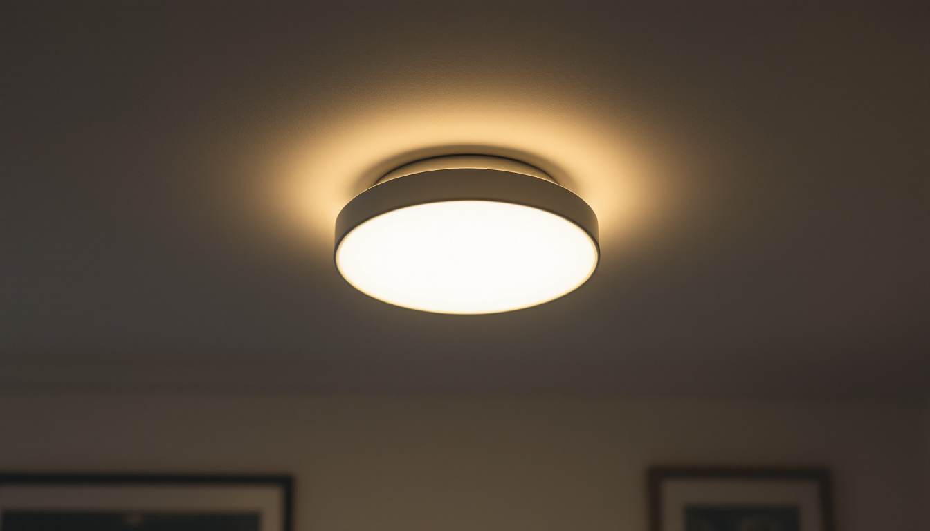 A photograph of a stylish flush mount ceiling light installed in a well-lit room