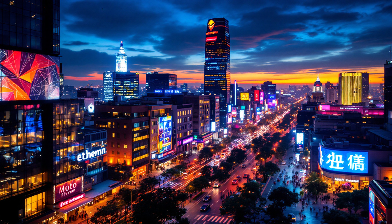 A photograph of a vibrant cityscape at night
