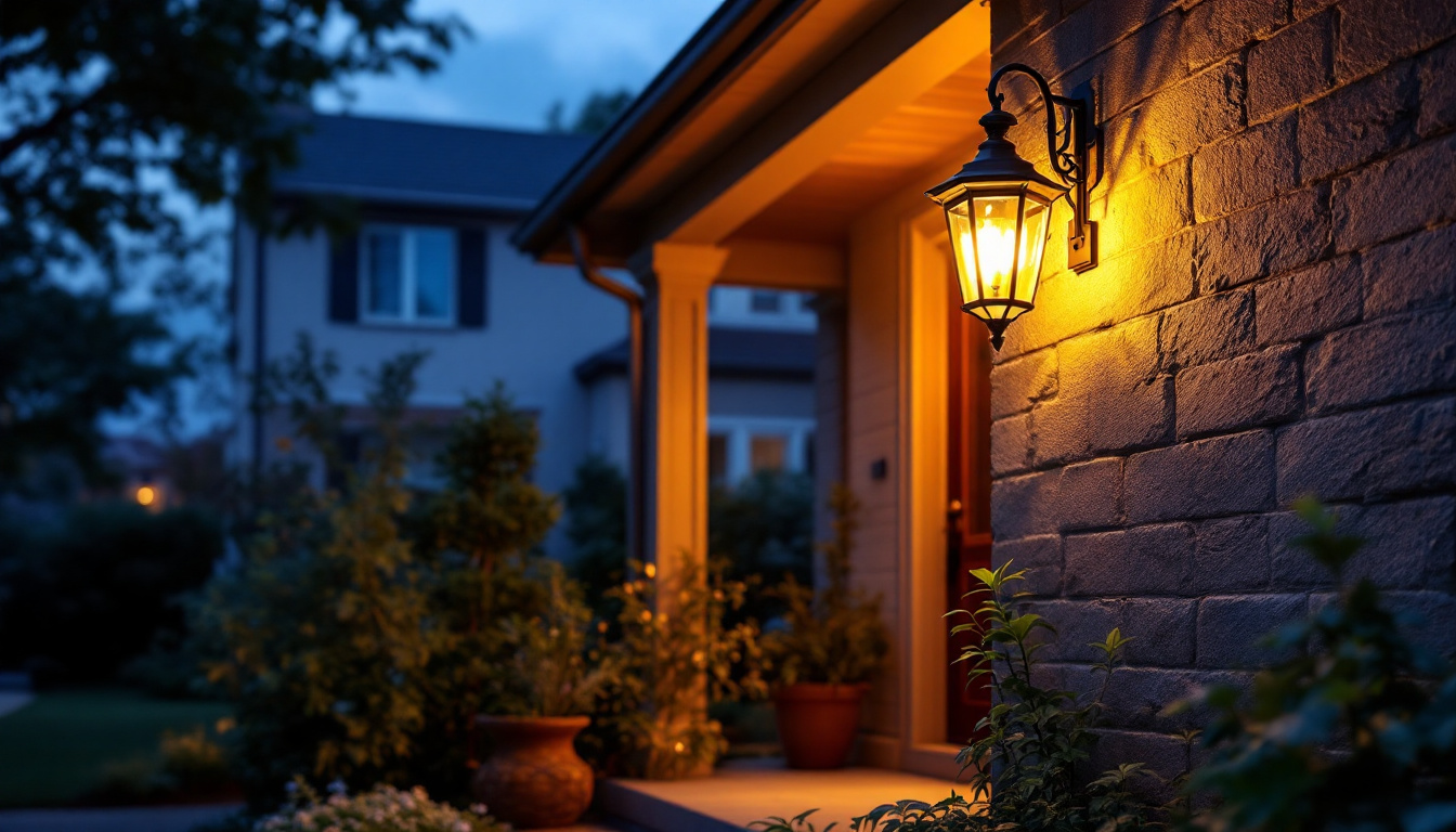 A photograph of a beautifully illuminated porch light at dusk