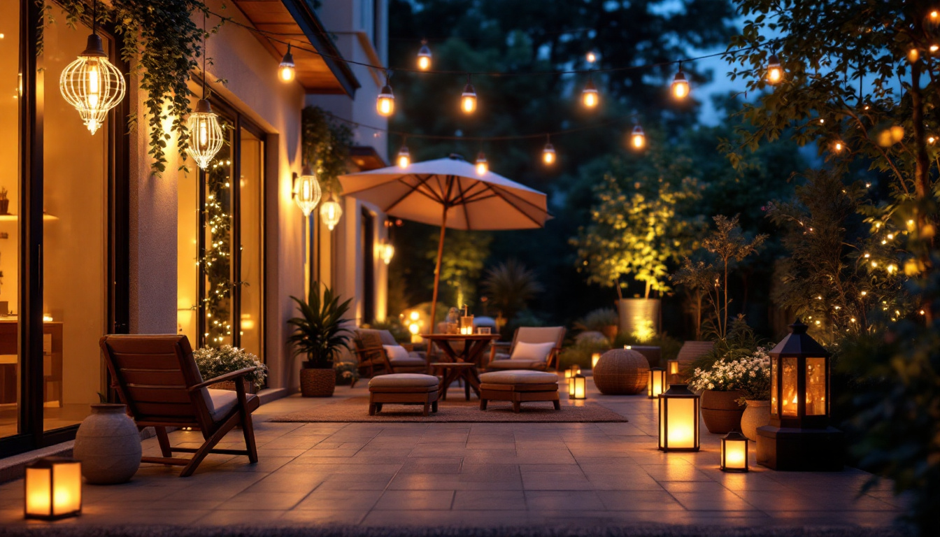 A photograph of a beautifully illuminated outdoor space showcasing various stylish light fixtures in use