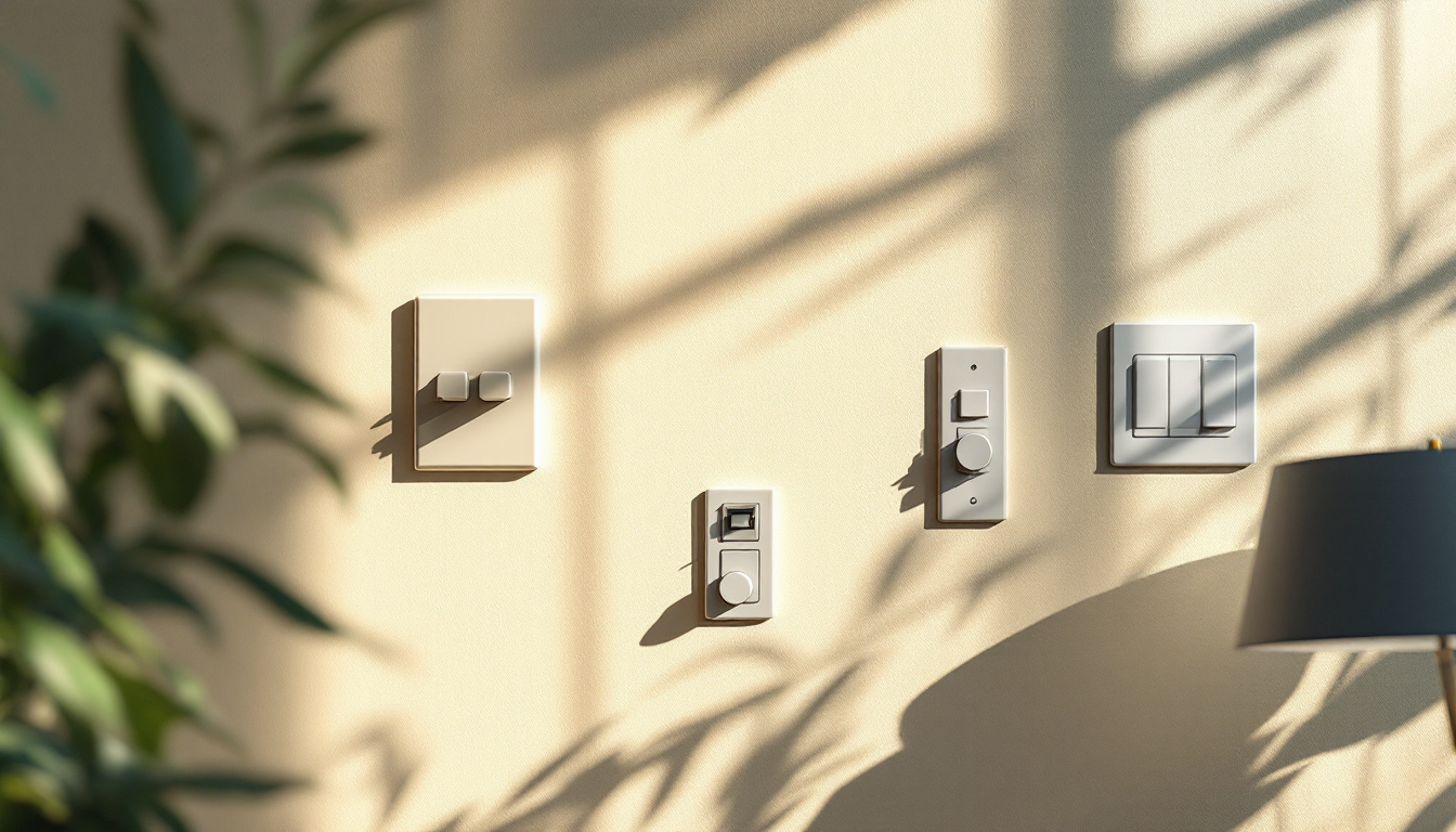 A photograph of a well-lit room featuring various types of light switches in use
