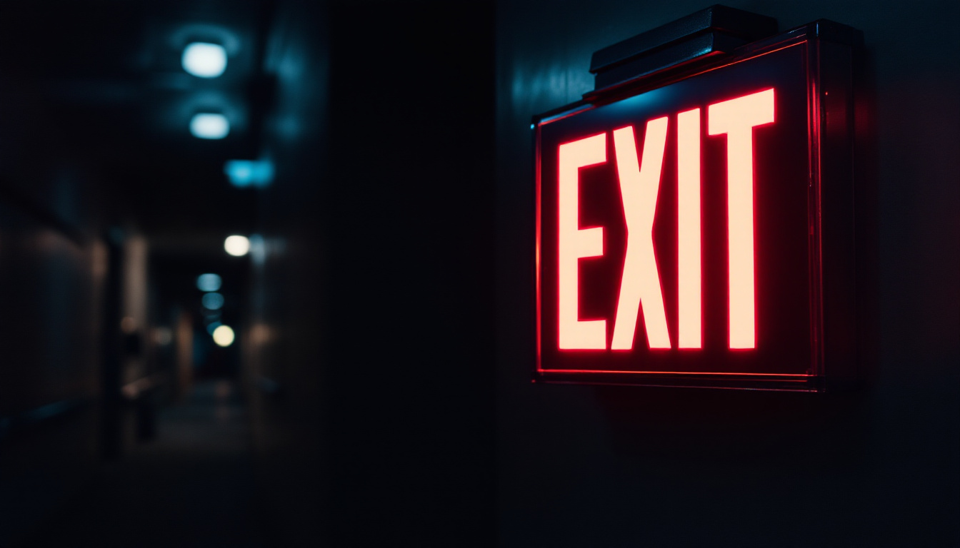 A photograph of a well-lit exit sign in a dimly lit corridor