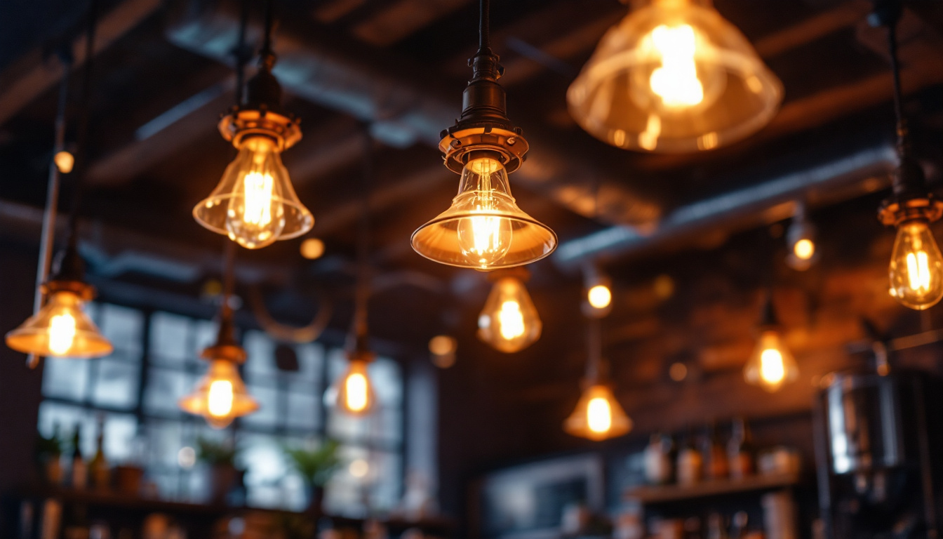 A photograph of a beautifully lit brewery interior showcasing the warm glow of vintage-style brewery lights
