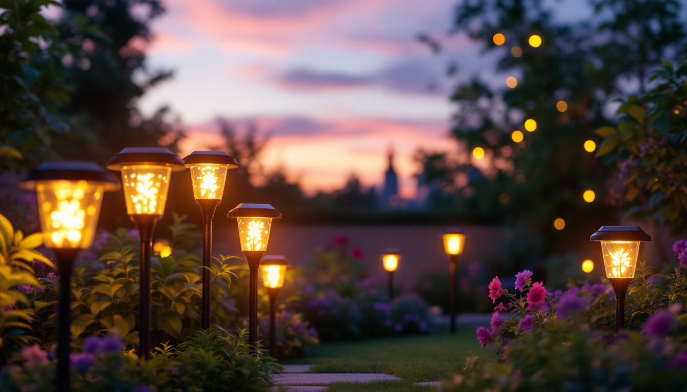 A photograph of a beautifully illuminated outdoor space featuring various styles of solar lights