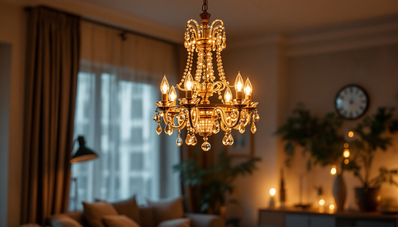A photograph of a beautifully designed chandelier illuminated in a stylish interior setting