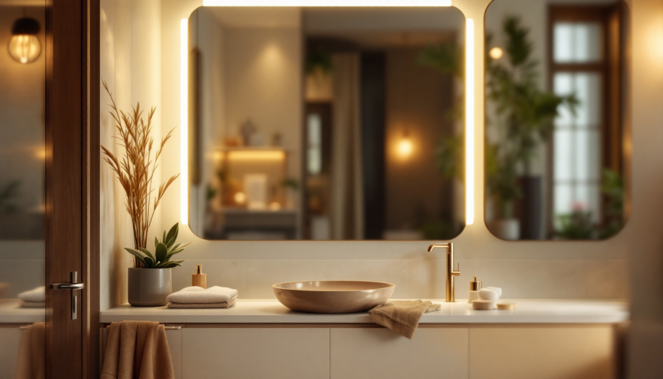 A photograph of a beautifully styled bathroom featuring elegant vanity lights