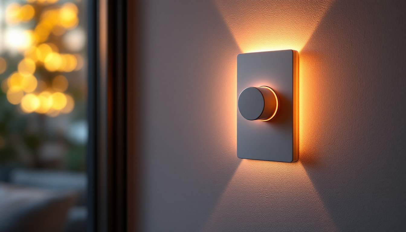 A photograph of a stylish dimmer switch installed on a modern wall