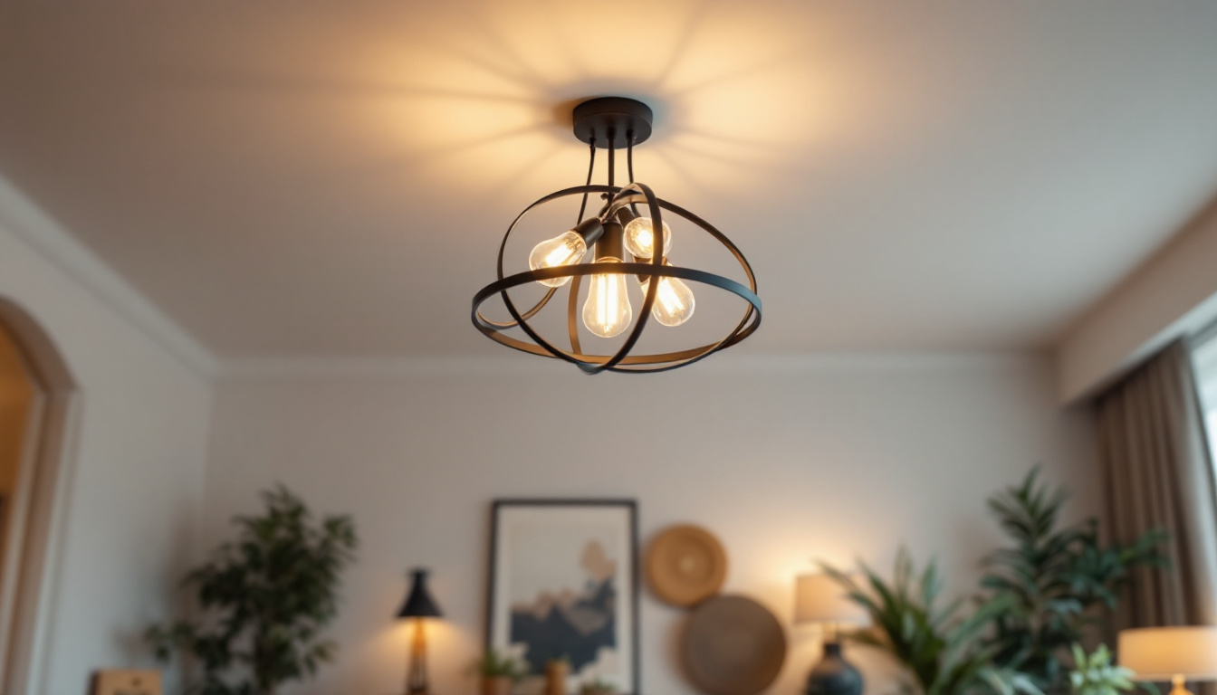 A photograph of a stylish ceiling light fixture in a well-decorated room
