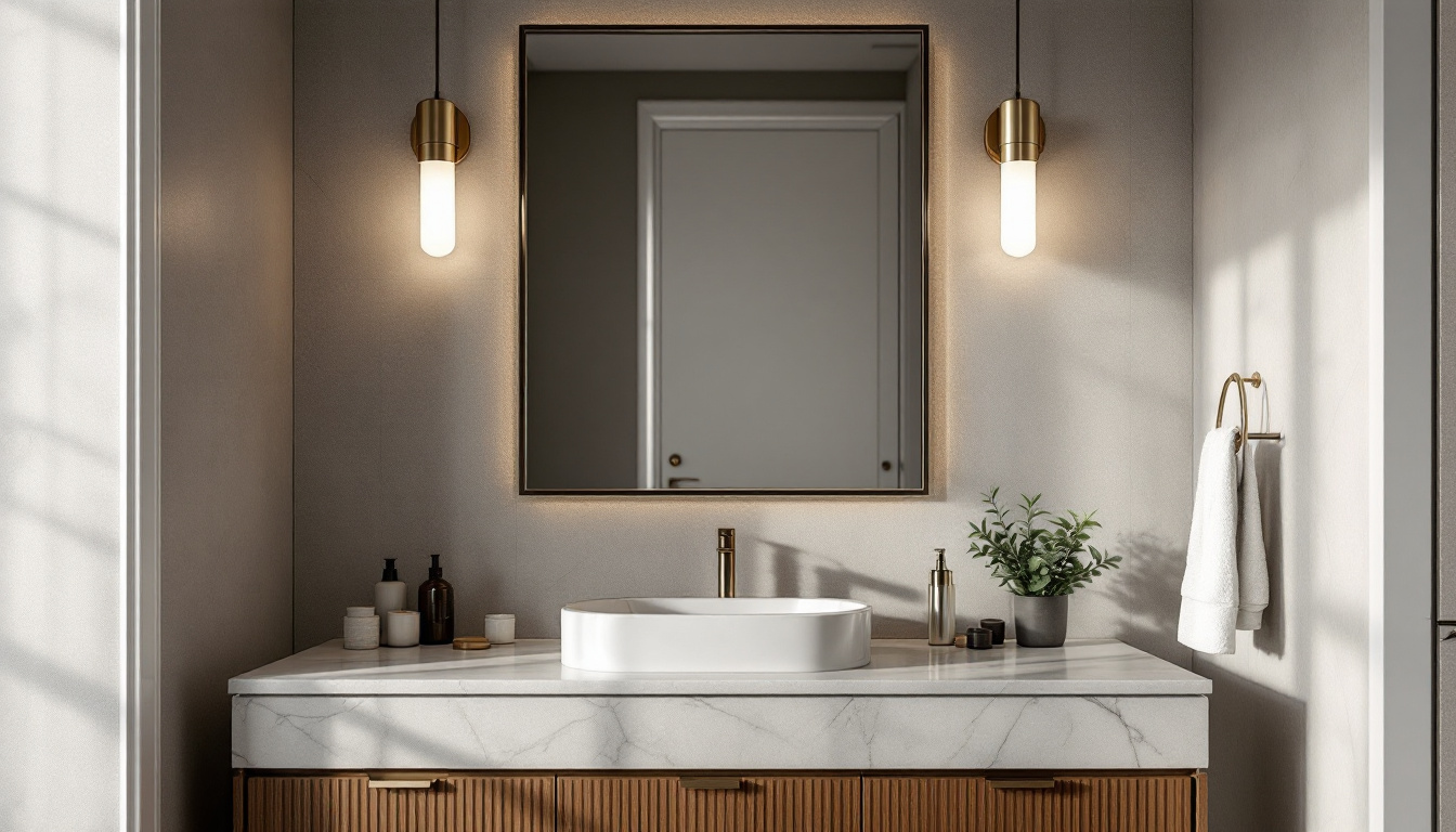 A photograph of a beautifully designed vanity light fixture in an elegantly styled bathroom setting