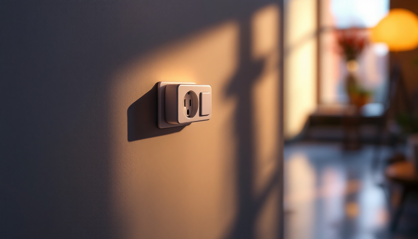 A photograph of a well-lit electrical outlet in a stylish interior setting