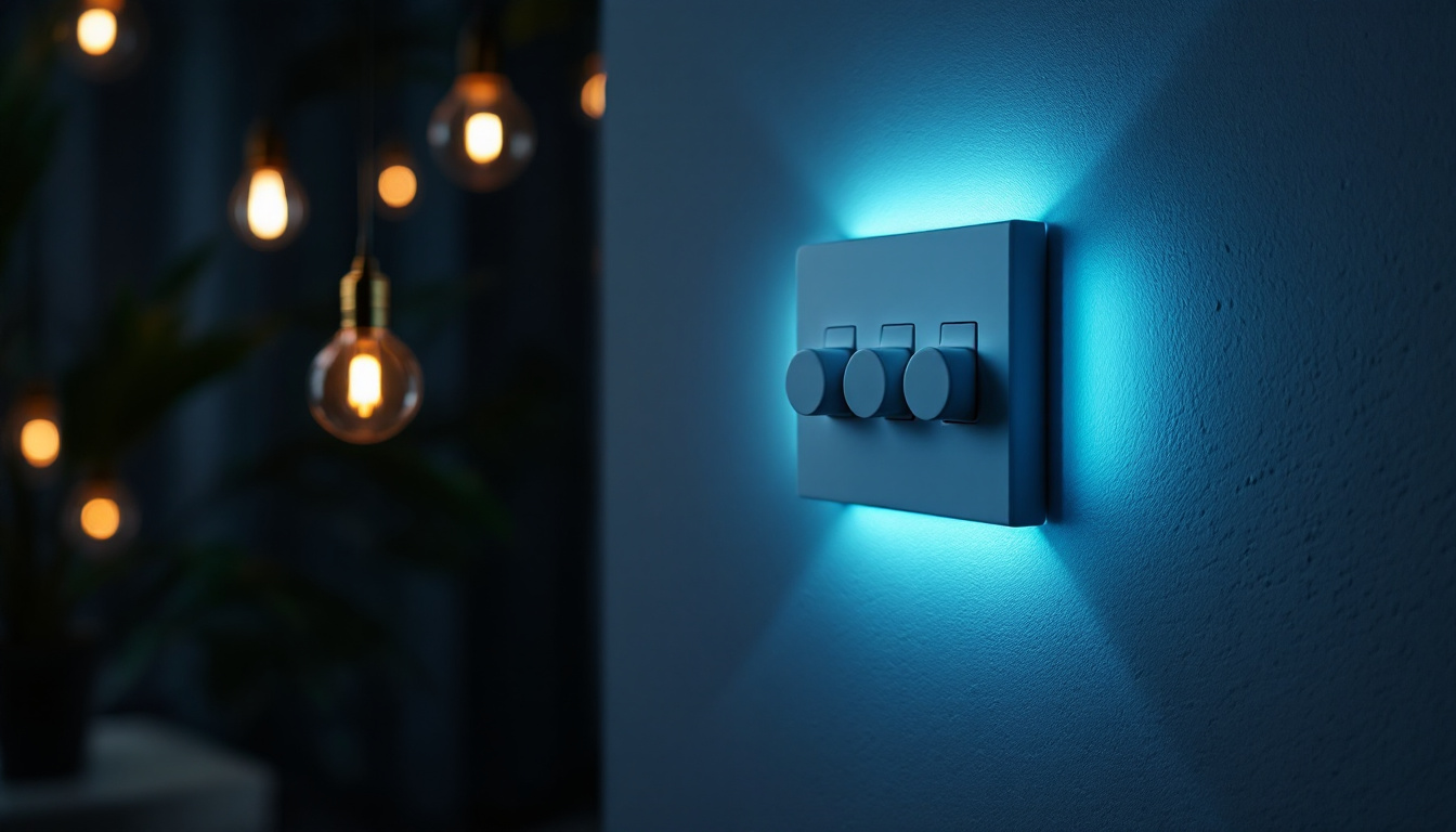 A photograph of a well-lit interior scene featuring a stylish three-way switch setup