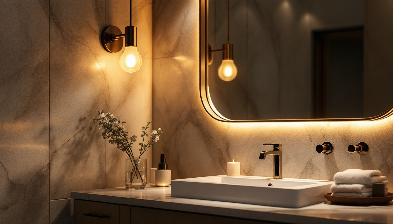 A photograph of a beautifully designed vanity light fixture in an elegantly styled bathroom