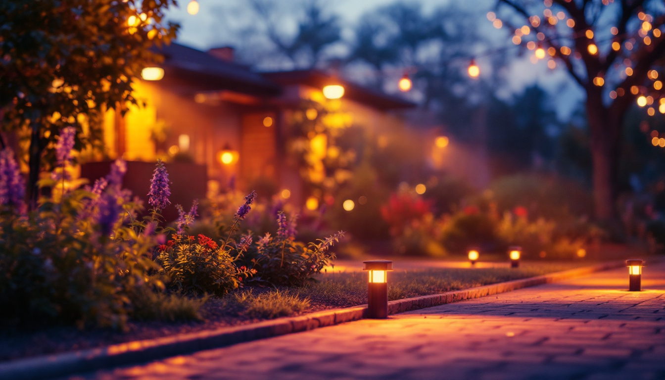 A photograph of a vibrant outdoor scene illuminated by various flood lights at dusk