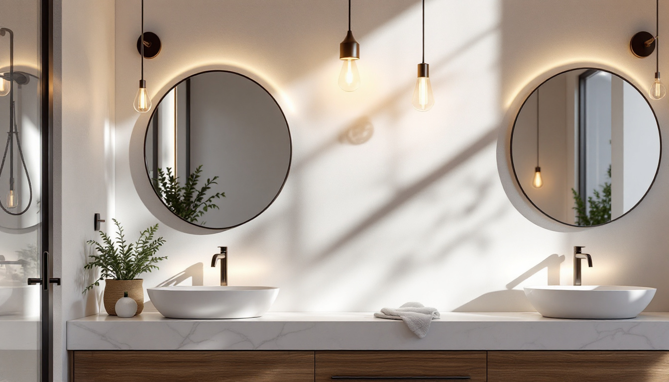 A photograph of a beautifully designed bathroom featuring a variety of stylish lighting fixtures