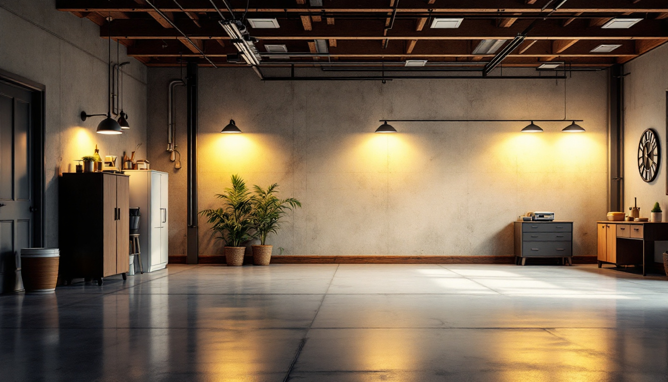 A photograph of a well-lit garage showcasing various types of garage lighting fixtures