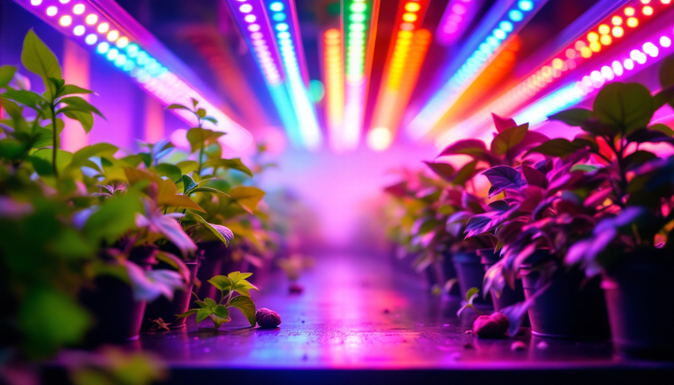 A photograph of a vibrant indoor garden illuminated by an array of colorful led grow lights