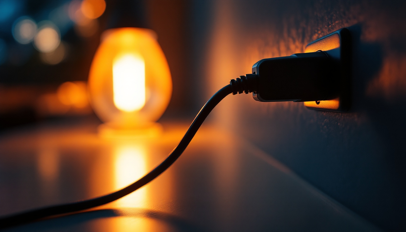 A photograph of a close-up shot of a power cord plugged into a stylish lamp