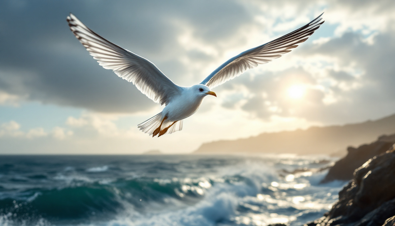 A photograph of a seagull in flight against a dramatic coastal backdrop