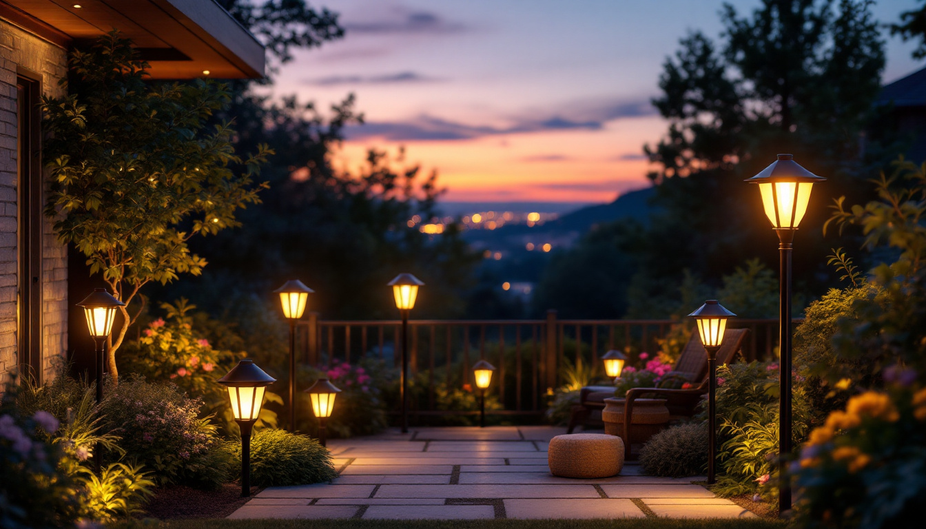A photograph of a beautifully illuminated outdoor space featuring a variety of solar outdoor lights